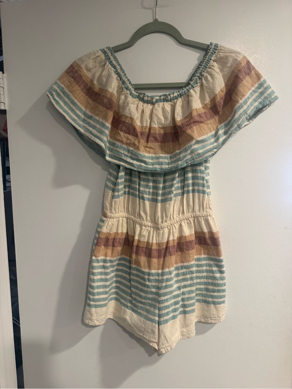 O’Neill Cream Off-Shoulder Striped Romper Teal Rust Boho Beachy Size Small